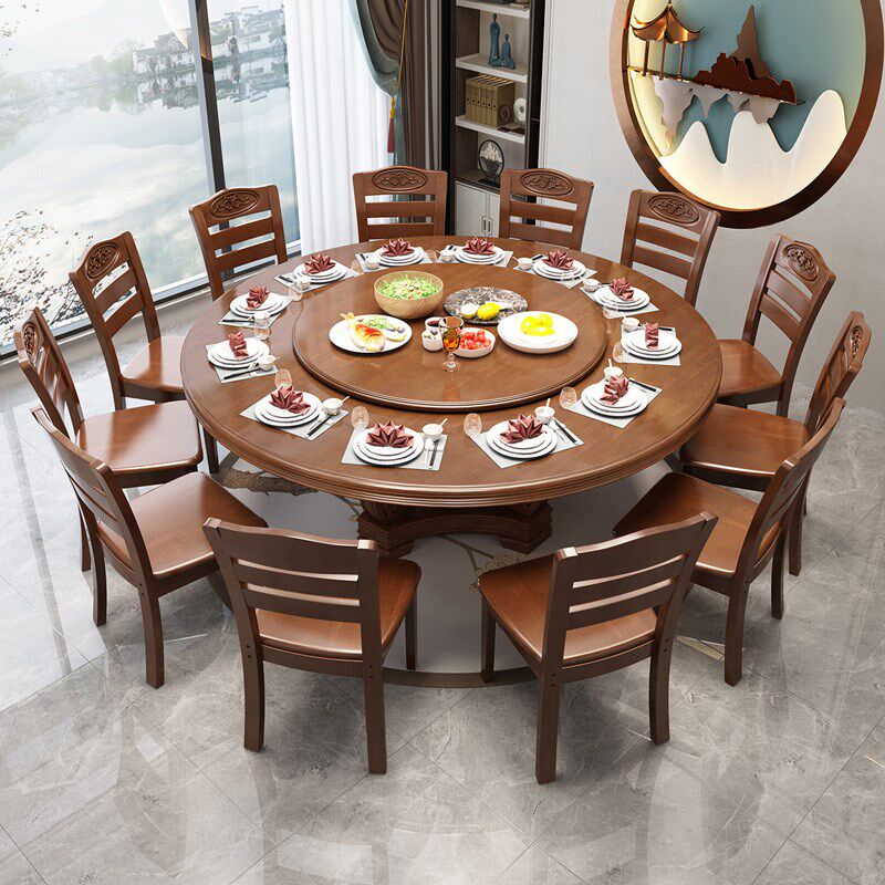 实木餐桌椅组合中式家用餐桌旋转圆盘酒店圆形10人饭桌橡木大圆桌