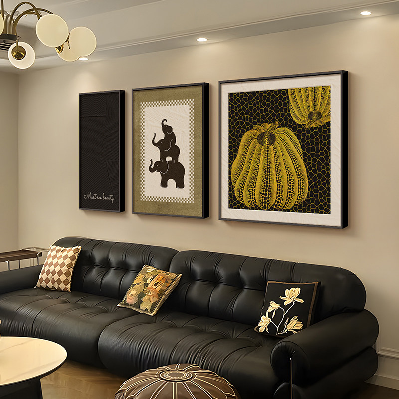 草间弥生客厅装饰画三联画中古风挂画高级感复古沙发背景墙面壁画