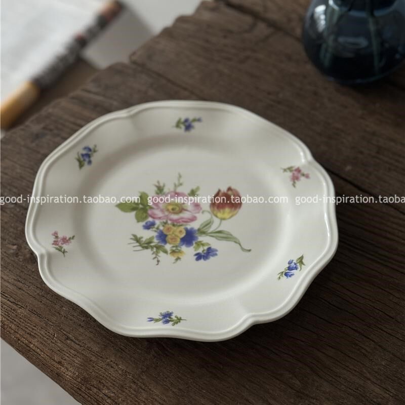 中古风浪漫花卉陶瓷盘子 甜品点心餐盘餐厅家用法式复古西餐彩绘