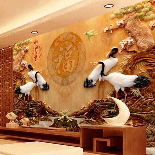 5d新中式鹤寿延年墙纸浮雕电视背景墙贴画3d立体现代简约自粘壁纸