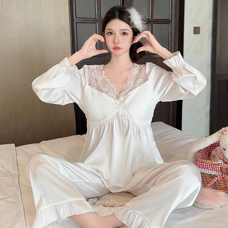 带胸垫春秋长袖冰雪丝女士睡衣女法式蕾丝可外穿宫廷风家居服套装