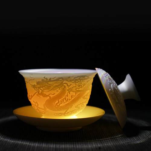 羊脂玉瓷陶瓷三才盖碗龙凤呈祥浮雕复古功夫茶具家用白瓷带盖子茶