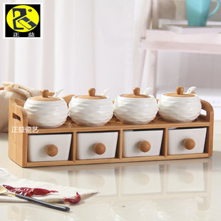 玻璃套装调味盒油盐酱醋盐罐筷子筒竹木架上下抽屉陶瓷调料罐