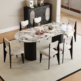 法式侘寂风椭圆形天然大理石餐桌法式中古风大小户型复古实木餐桌