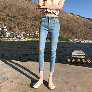 薄款八分高腰牛仔裤女2021夏天浅蓝破洞九分弹力显瘦小个子小脚裤