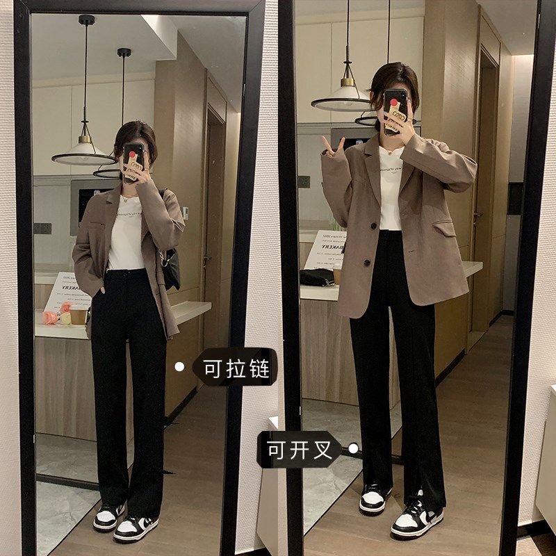 前开叉裤子女秋季新款高腰阔腿垂感休闲显瘦小个子西装拖地直筒裤