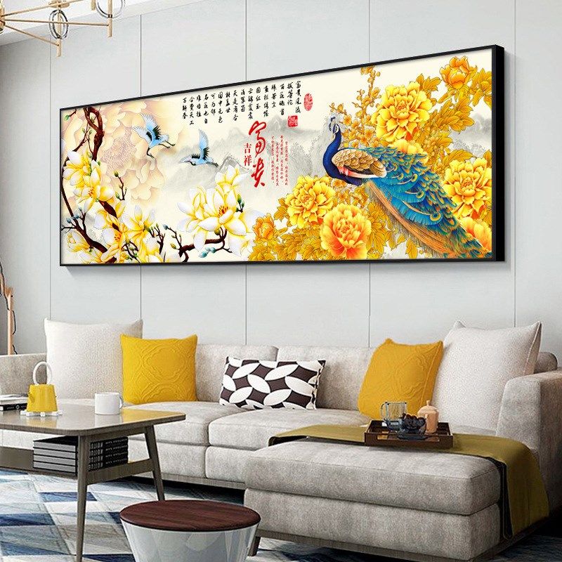 客厅牡丹花开富贵装饰画轻奢高级感新中式沙发背景墙山水挂画晶瓷