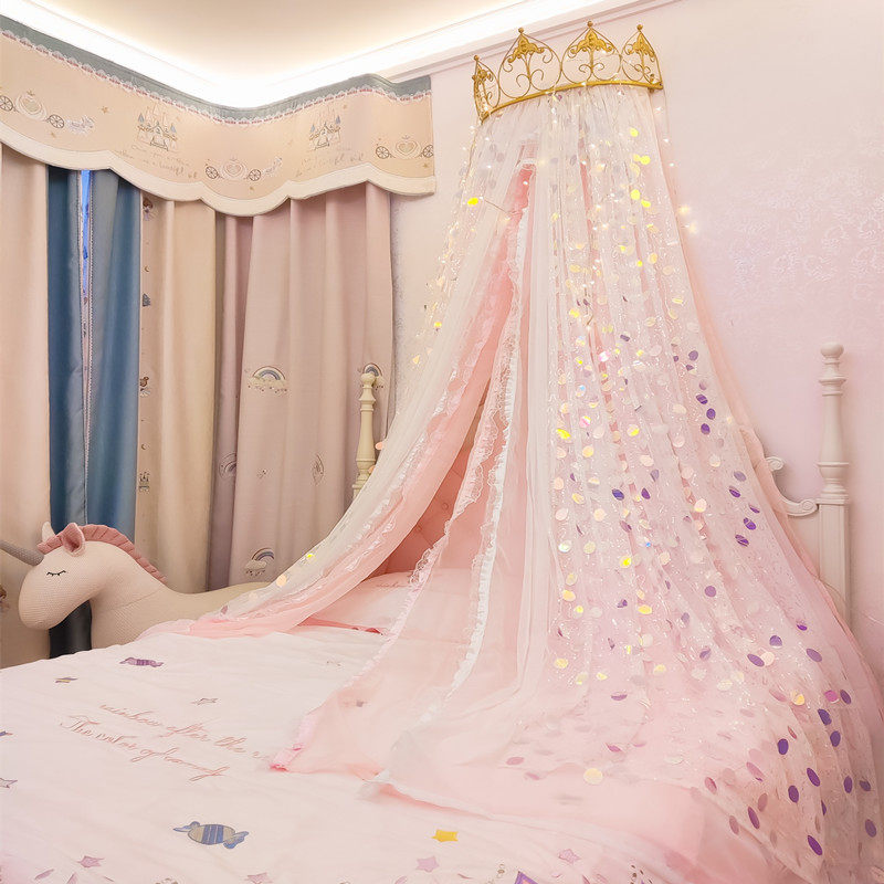 可爱公主床幔北欧大彩色亮片绣家用卧室装饰纱三层粉嫩少女心通用