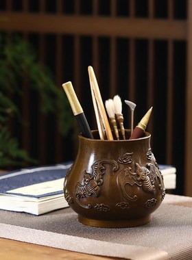宽和五福临门纯黄铜香筒家用室内办公桌书房中式大号仿古中式笔筒