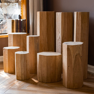 实木几何柱子自然北欧装饰摆件花架边几设计师民宿展厅展示架DIY