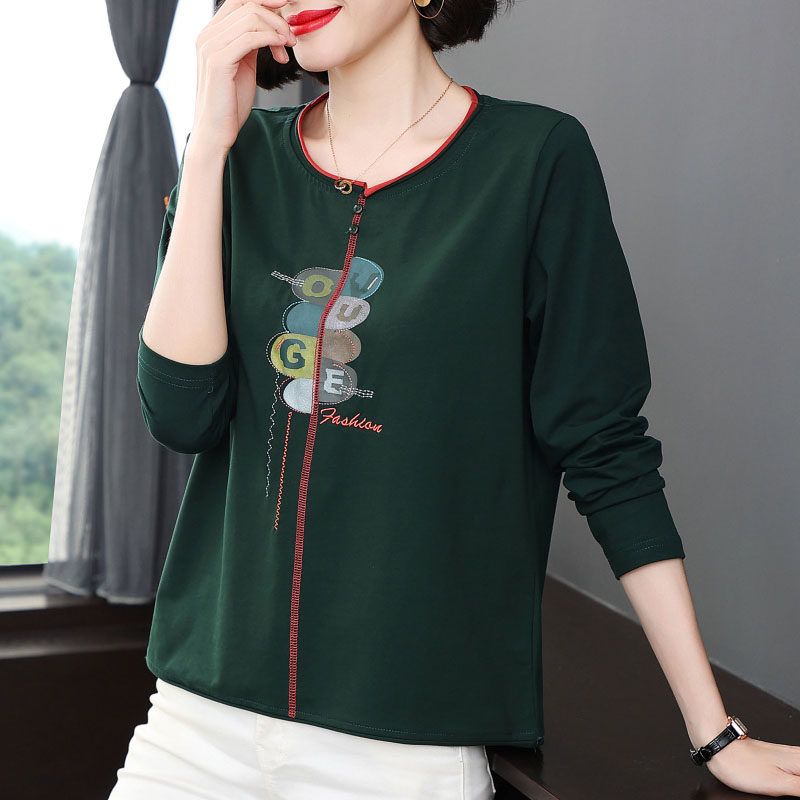 纯棉长袖t恤女 宽松休闲百搭秋衣外穿中年妈妈春装新款显瘦打底衫