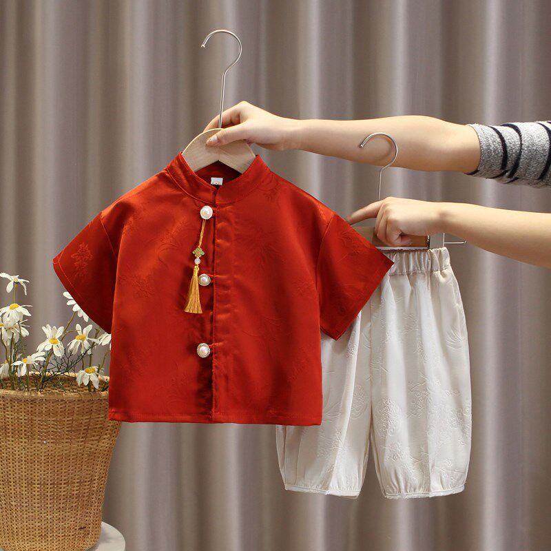 周岁礼服男宝宝夏季短袖唐装儿童新中式男童套装婴儿中国风抓周服