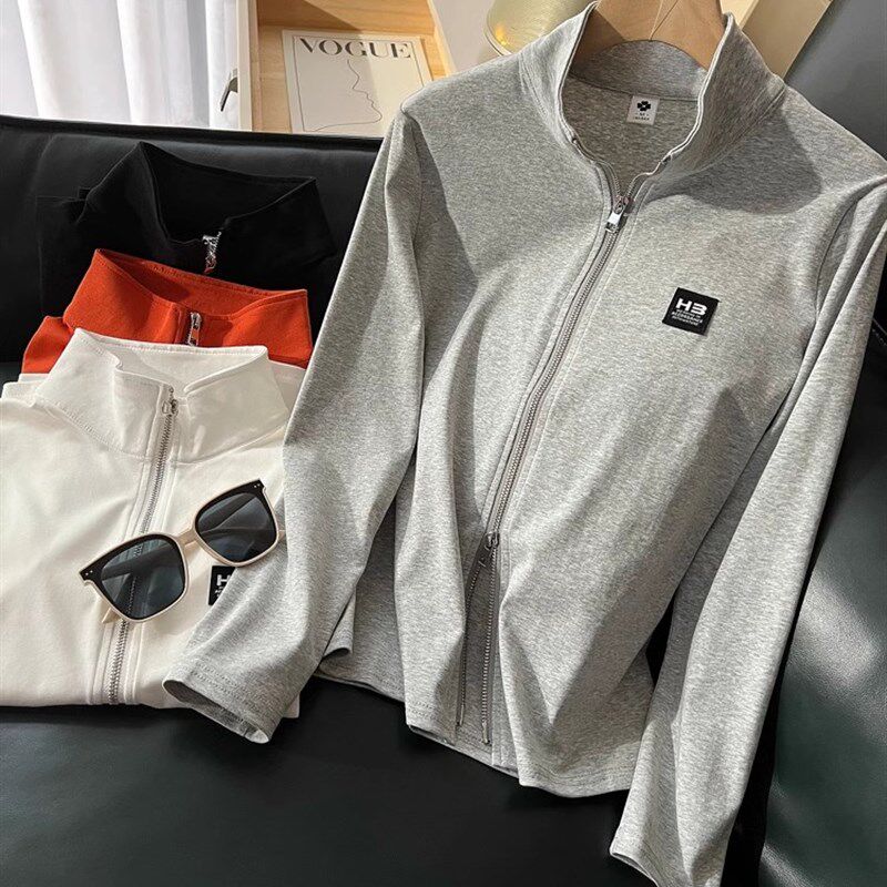 新款2024女装纯棉春夏薄款开衫卫衣女立领修身外套两头拉链上衣