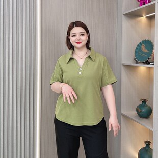 POLO领短袖T恤女夏季2024新款大码女装胖mm宽松显瘦弧形遮肚上衣