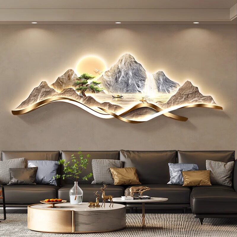 背有靠山客厅装饰画高级感轻奢大气壁画聚宝盆山水画led灯画挂画