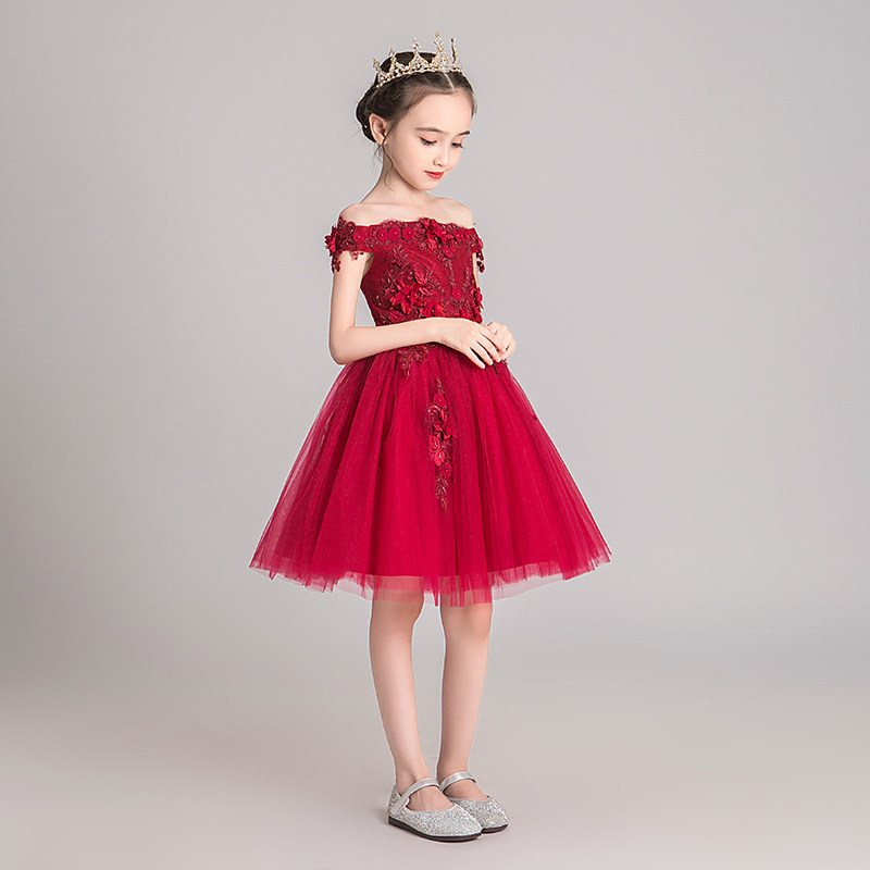一字肩儿童礼服公主裙女童红色小女孩花童主持人钢琴演出服短款夏