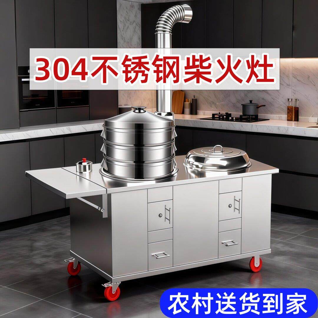 304不锈钢柴火灶家用双锅双灶 户外便携式柴火炉 加厚不锈钢野炊