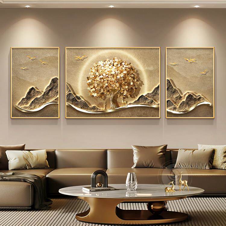 发财树客厅装饰画高级感现代轻奢沙发背景墙挂画九鱼靠山三联壁画
