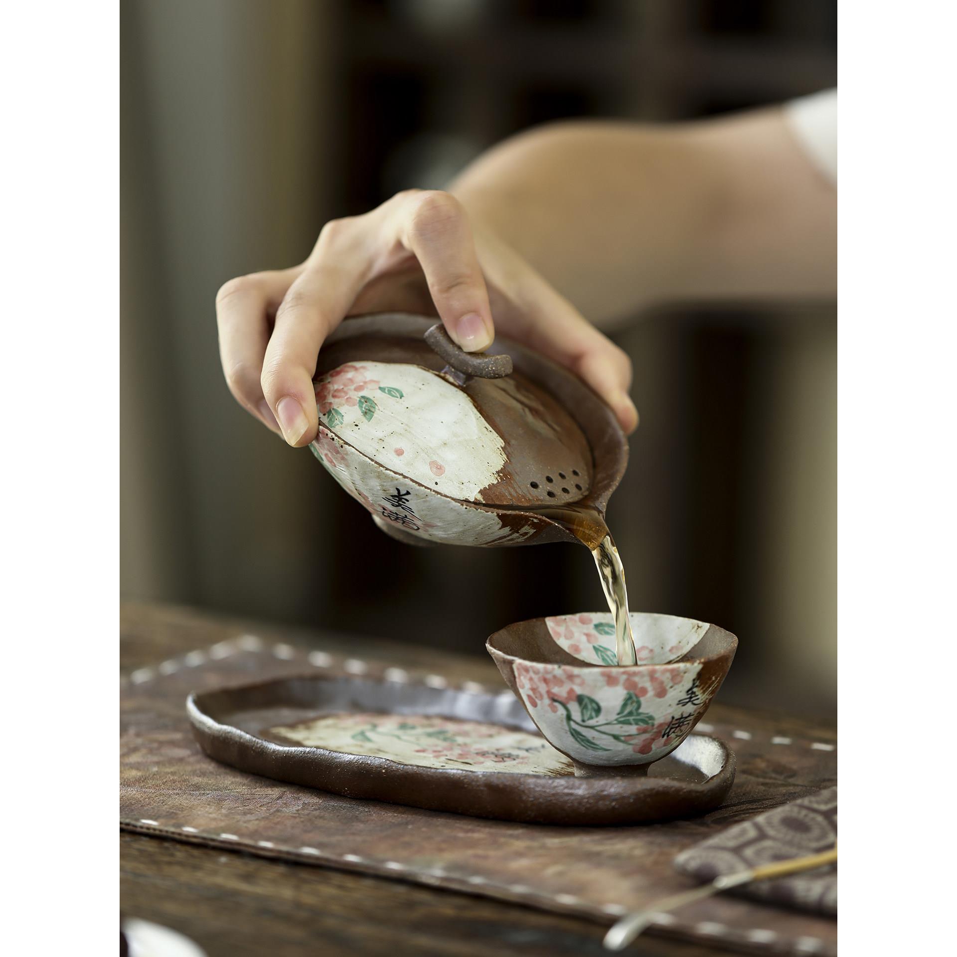 觅己手绘美满老岩泥盖碗柴烧茶具套装一人茶杯粗陶手抓壶覆古茶碗