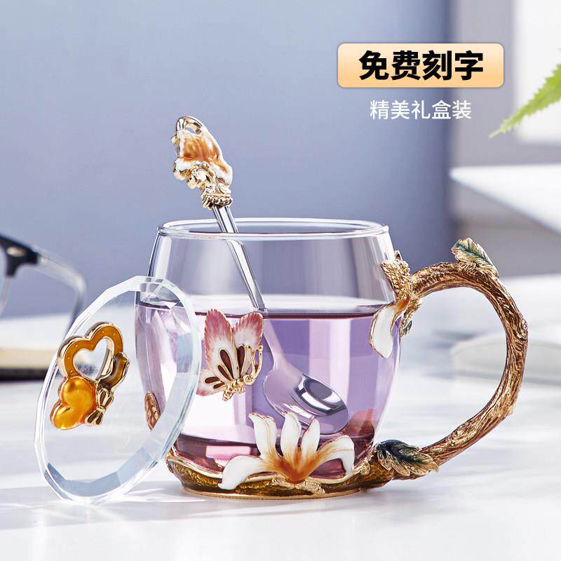 高档珐琅彩水杯女花茶杯带盖玻璃杯茶杯家用办公室喝水泡茶杯子