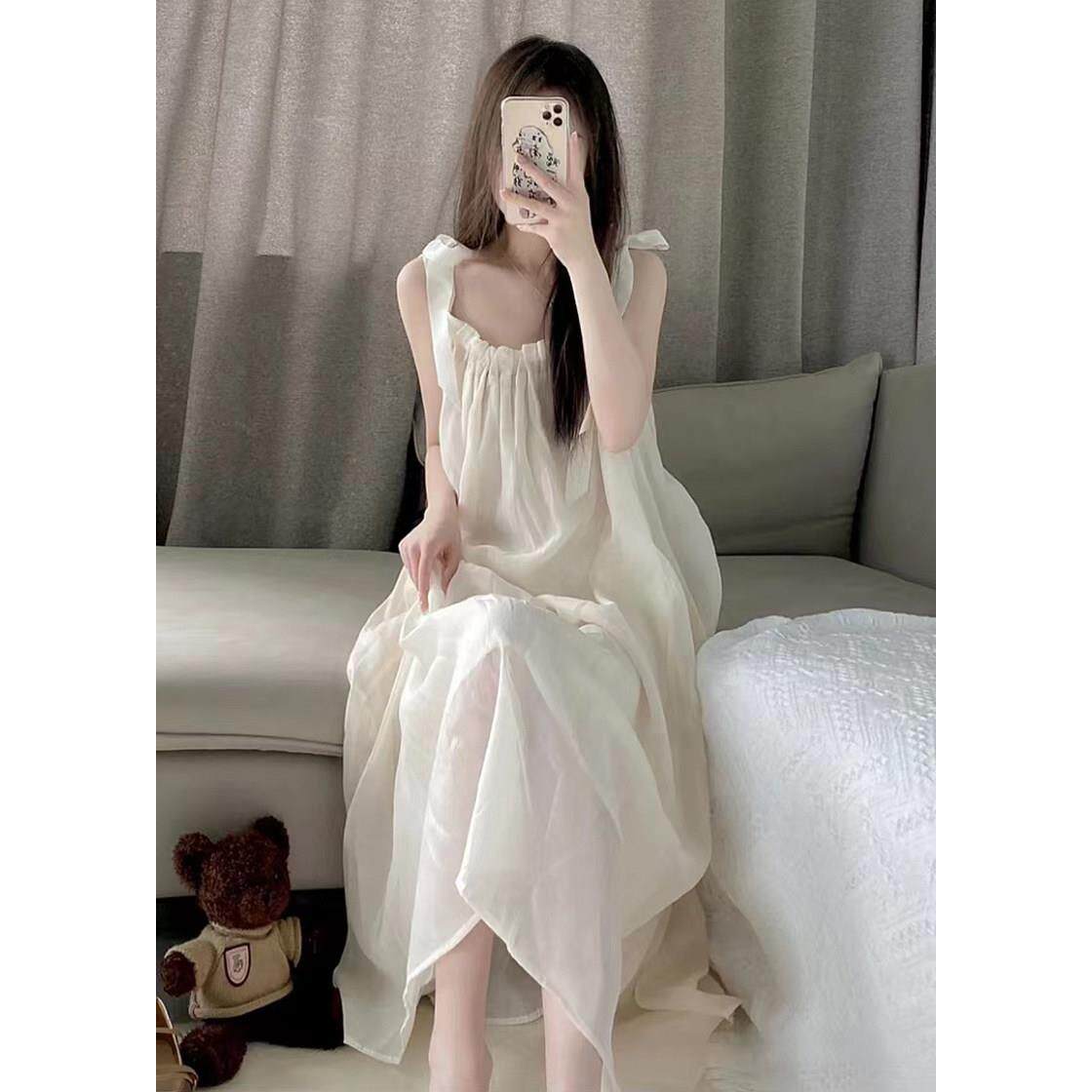 纯欲风吊带睡裙女夏天中长版吊带洋装睡衣女式夏季可外穿家居服