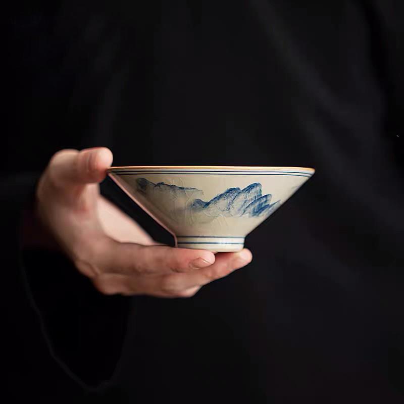 手绘青花茶杯釉下彩斗笠山水杯景德镇陶瓷老陶泥主人杯手工单杯子