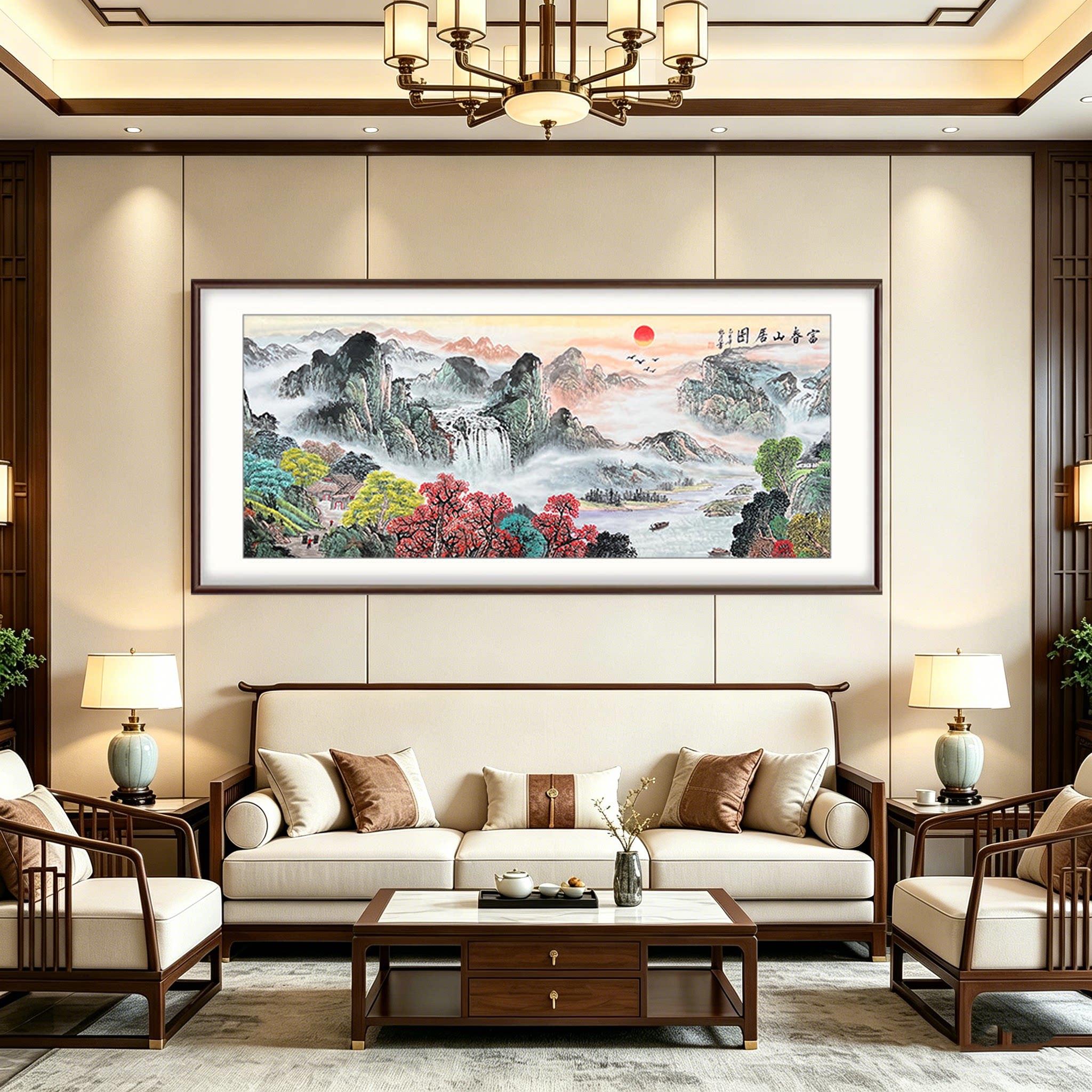 富春山居图纯手绘国画高档山水画客厅背景墙挂画高端办公室装饰画