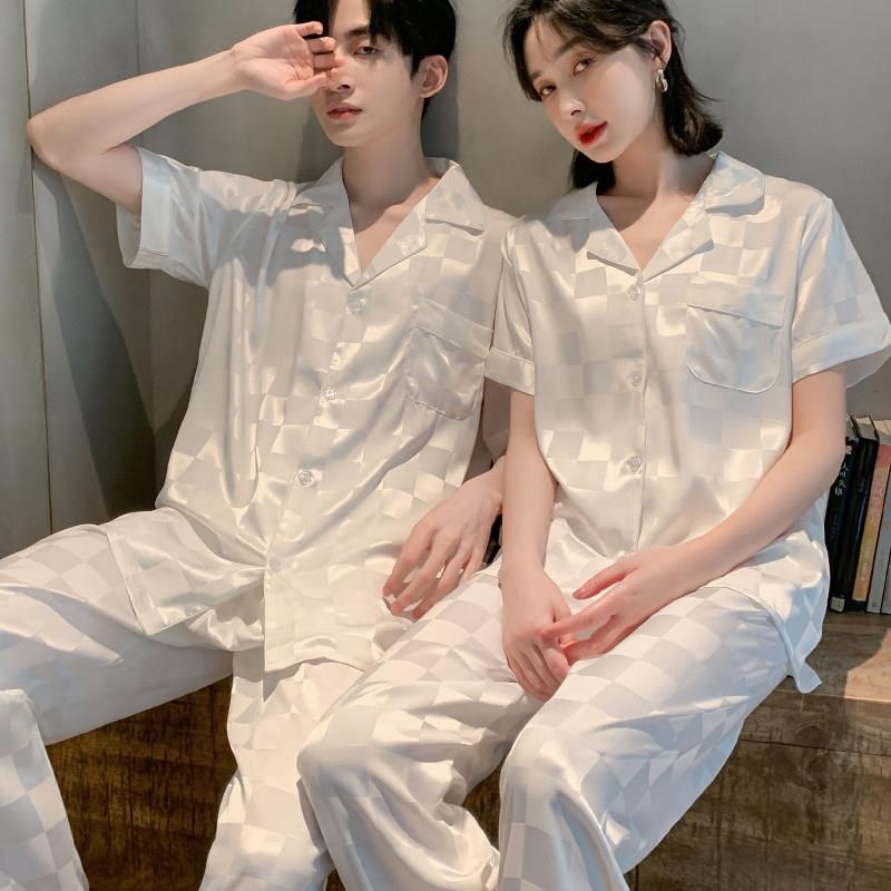情侣冰丝睡衣女夏季丝绸短袖时尚冰丝家居服可外穿套装男