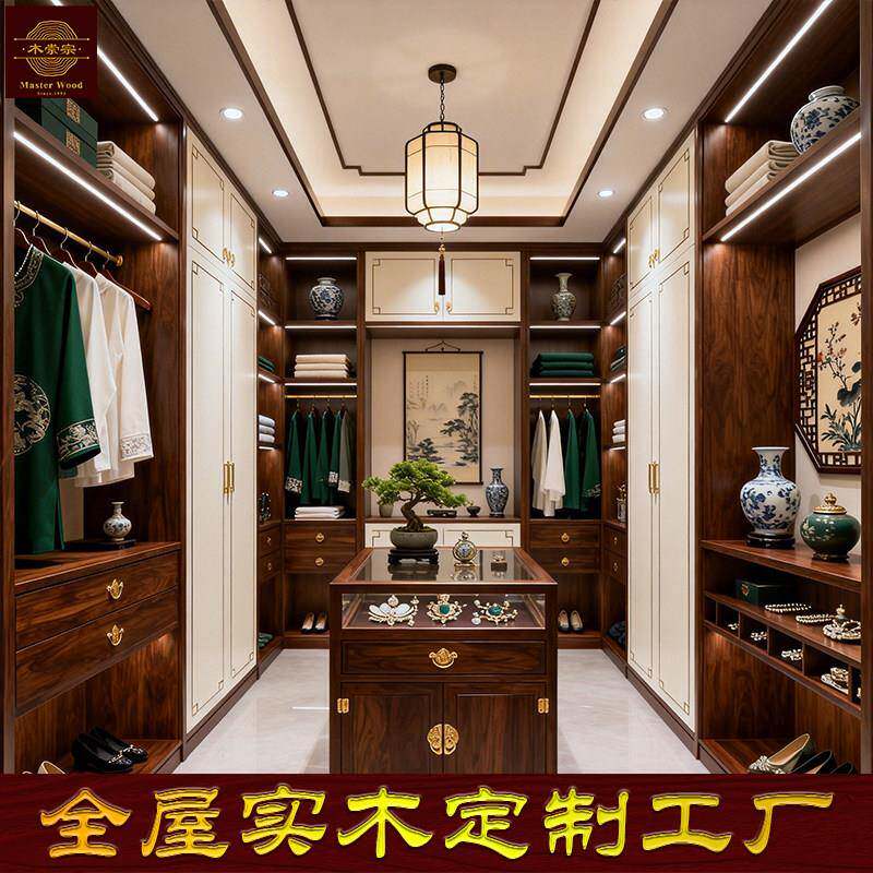 新中式全屋定制实木衣柜衣帽间整体柜订做上门安装一门到顶柜子