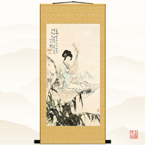 琵琶行白居易诗意 仕女弹琴图 中式复古卷轴挂画绢布画 定制订做