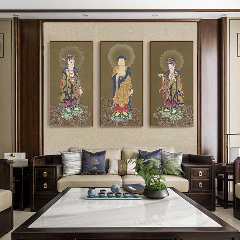 西方三圣佛挂画大势至菩萨画像装饰画玄关中堂背景墙竖版壁画带框