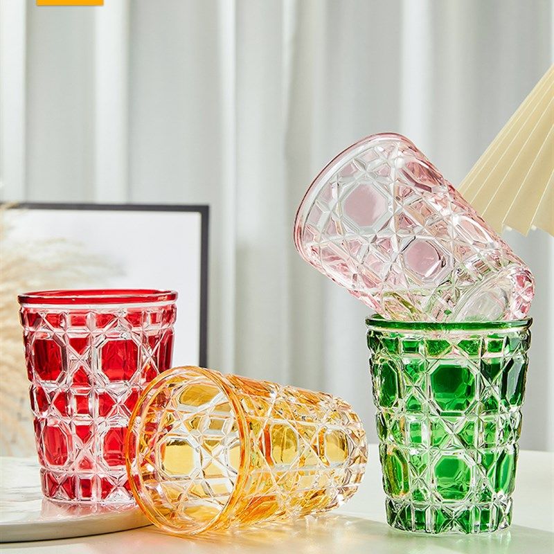 复古浮雕彩色玻璃水杯高级感水晶杯家用啤酒洋酒杯牛奶茶杯子套装,餐饮具,洋酒/威士忌杯,淘宝优惠券,粉丝福利购,淘宝优惠卷