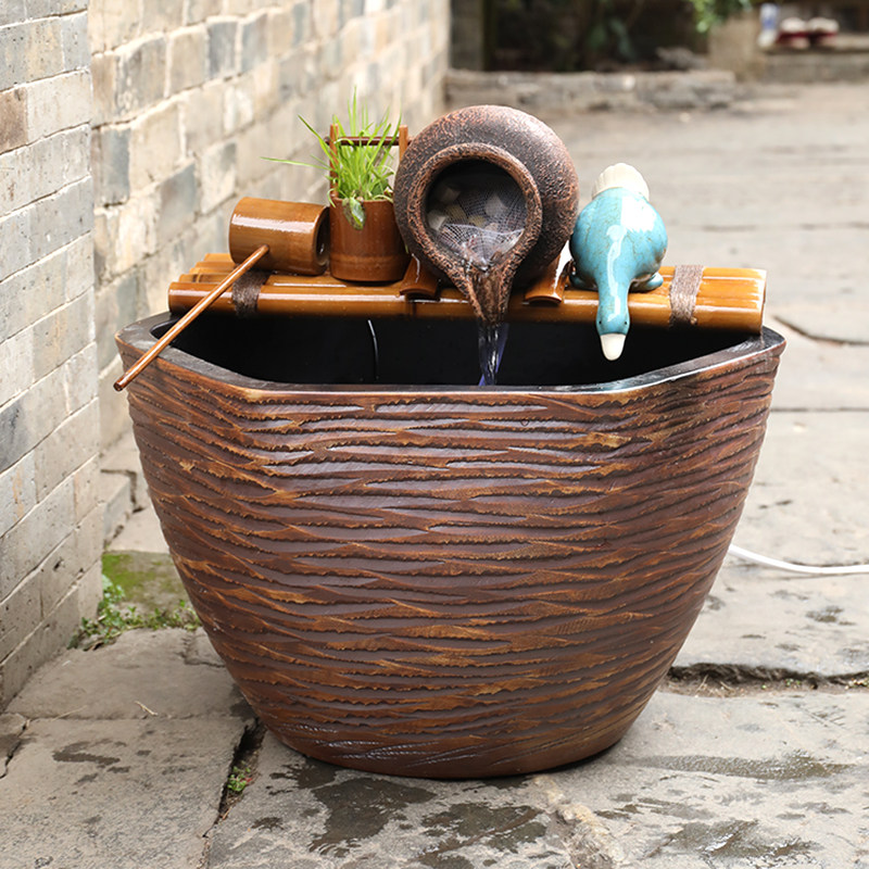 竹子流水器树脂陶罐水缸过滤器养鱼缸增氧流水摆件循环水田园装饰