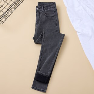 烟灰色牛仔裤2024年新款秋冬高腰显瘦修身紧身小脚加长裤女高个子