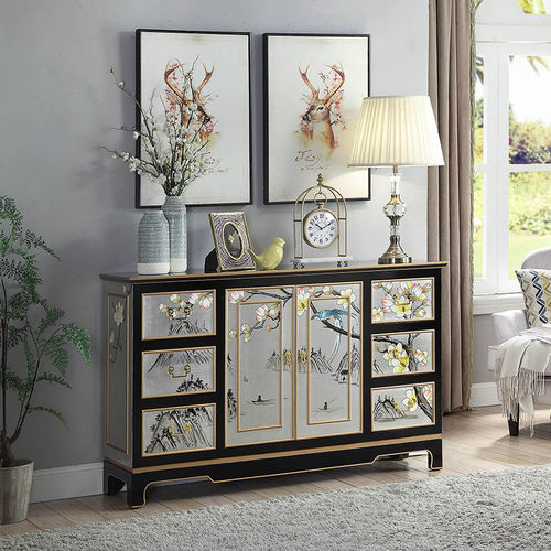 新中式玄关柜实木钢琴烤漆收纳柜客厅隔断柜屏风柜美式彩绘门厅柜