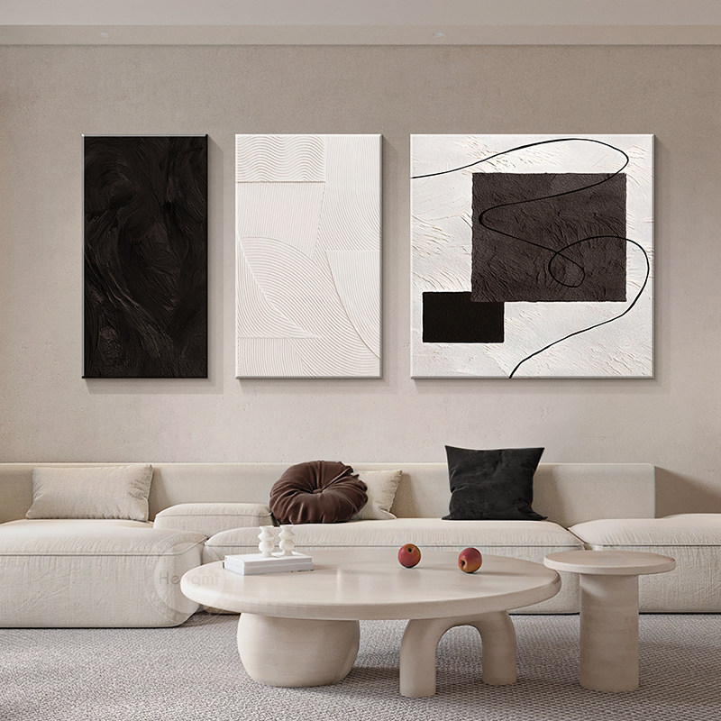 黑白灰极简客厅装饰画三联壁画砂岩肌理画几何抽象沙发背景墙挂画,家居饰品,现代装饰画,淘宝优惠券,粉丝福利购,淘宝优惠卷