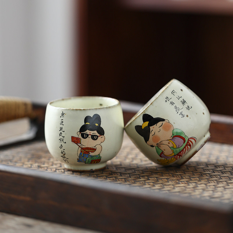 粗陶手绘唐代侍女胖妞茶杯  可爱复古开片功夫茶品茗主人杯单杯