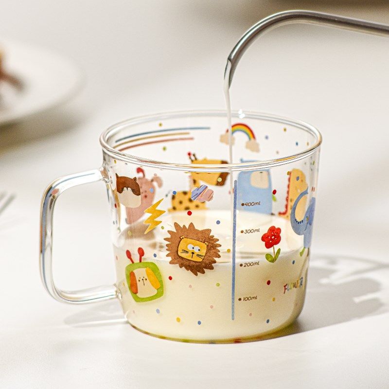 卡通牛奶杯高硼硅玻璃杯带刻度儿童早餐杯家用水杯微波炉可加热