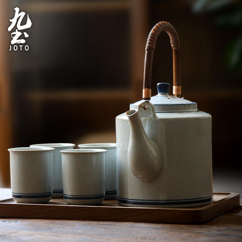 九土家用陶瓷冷水壶大容量老式泡茶壶复古青花釉下彩冷水壶茶杯子