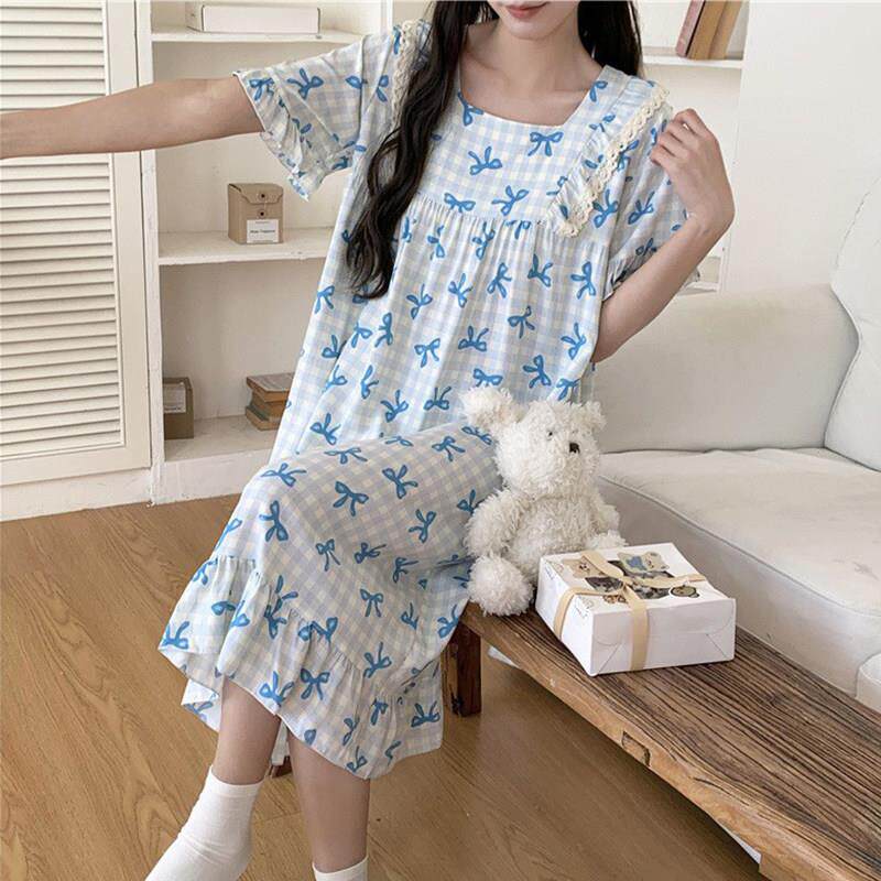 女士夏季棉绸睡衣薄款睡裙连衣裙小个子女生女孩子绵绸空调服宽松