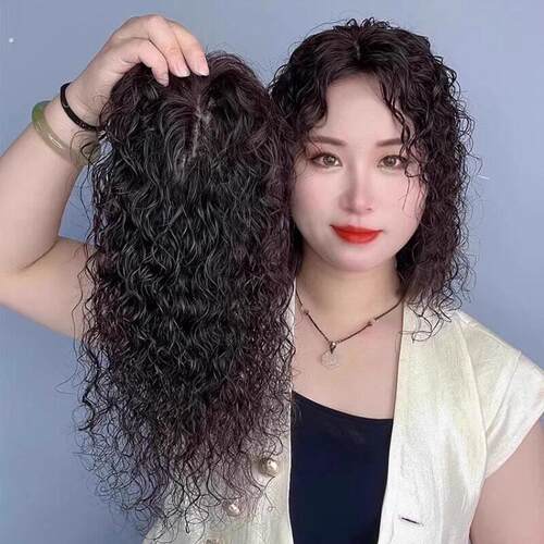 头顶补发片女短卷发真发手织无痕发顶发盖补发遮白发羊毛卷假发片