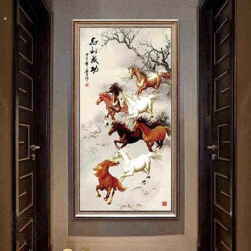 2023新款点钻石画玄关竖版马到成功八骏图满钻粘钻贴钻线绣十字绣