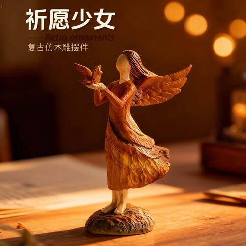 复古仿木雕天使人物摆件手工雕刻客厅装饰乔迁送礼祝福
