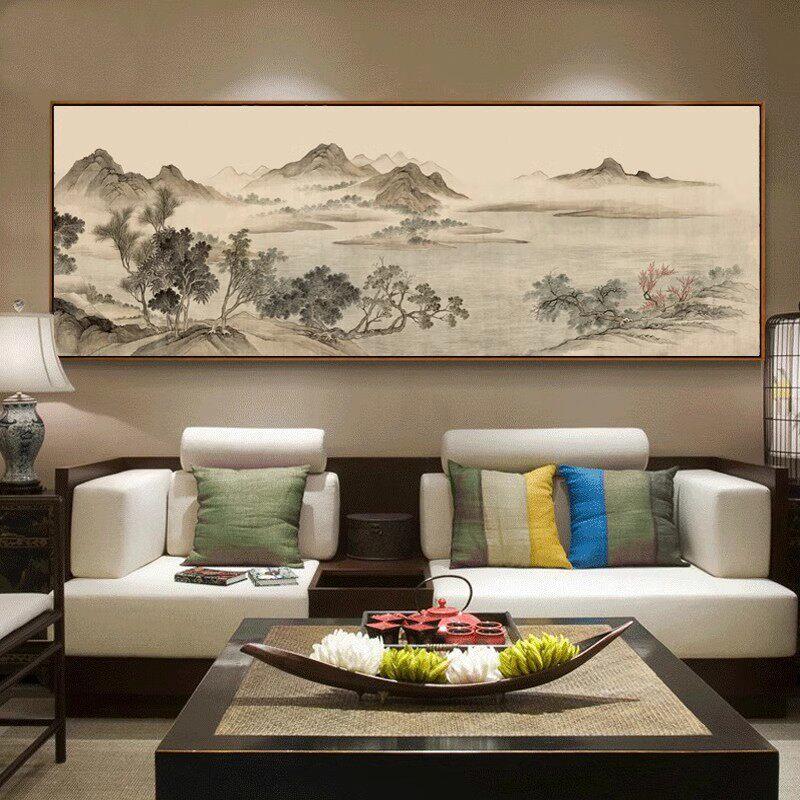 新中式沙发背景墙装饰画客厅风水靠山国画山水水墨挂画办公室