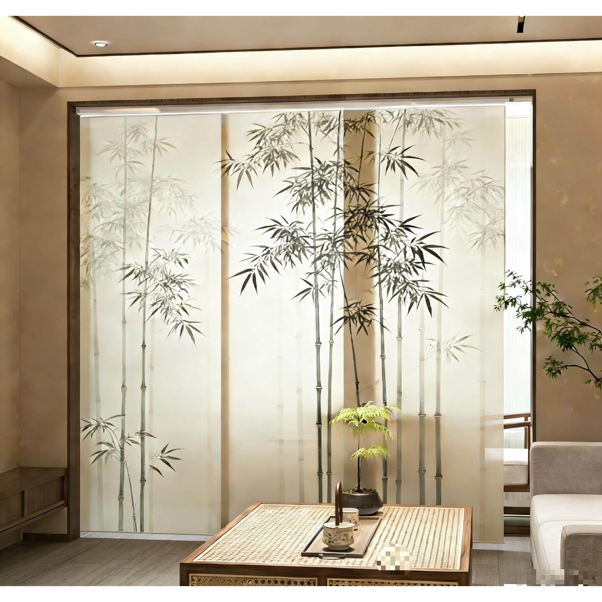 中式平移动门帘遮光窗帘客厅软隔断帘子空调茶室折叠屏风帘水墨竹