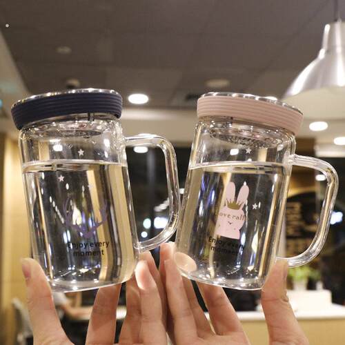 简约办公室喝水杯带盖子家用可爱泡茶水杯带过滤网杯子男女士玻璃