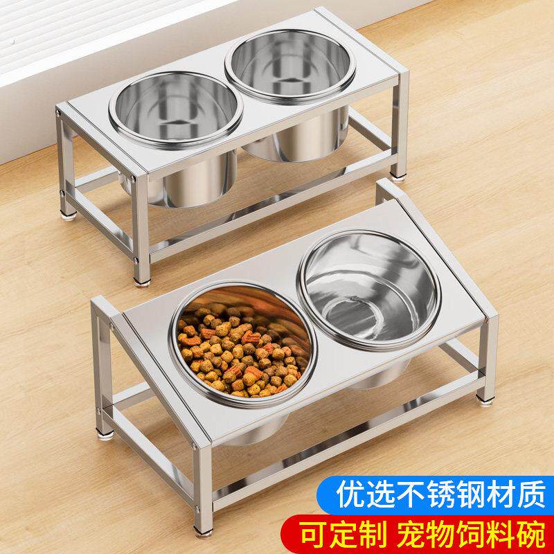 猫咪双碗狗食盆不锈钢斜面设计护颈防打翻二合一两用易清洁