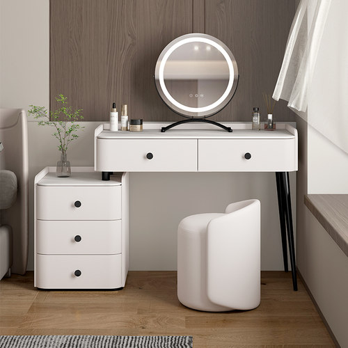 轻奢实木岩板梳妆台收纳柜卧室书桌床头柜化妆台一体简约化妆桌