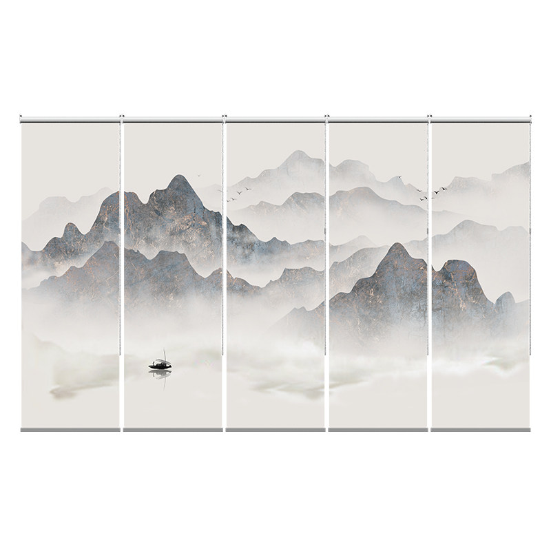 2021新款中式手拉屏风软隔断玄关布帘遮挡客厅飘窗山水画卷帘窗帘