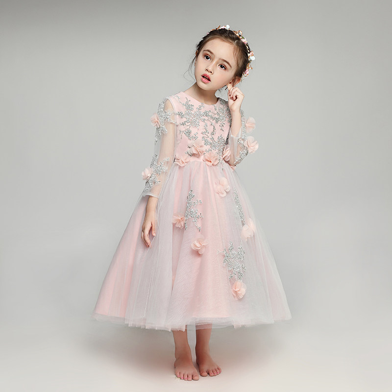 小花童礼服女童儿童婚纱晚礼服长袖蓬蓬公主裙主持人钢琴演出服冬